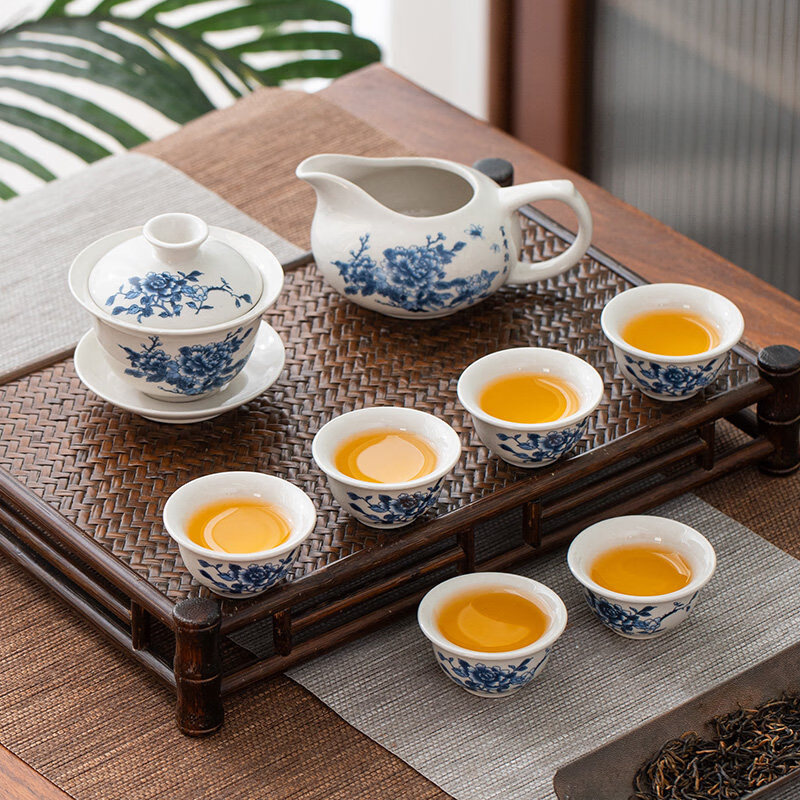 家用简约茶具套装国风陶瓷套组功夫创意礼品盖碗茶壶泡茶杯冲茶器 10头8杯盖碗-秀丽山水