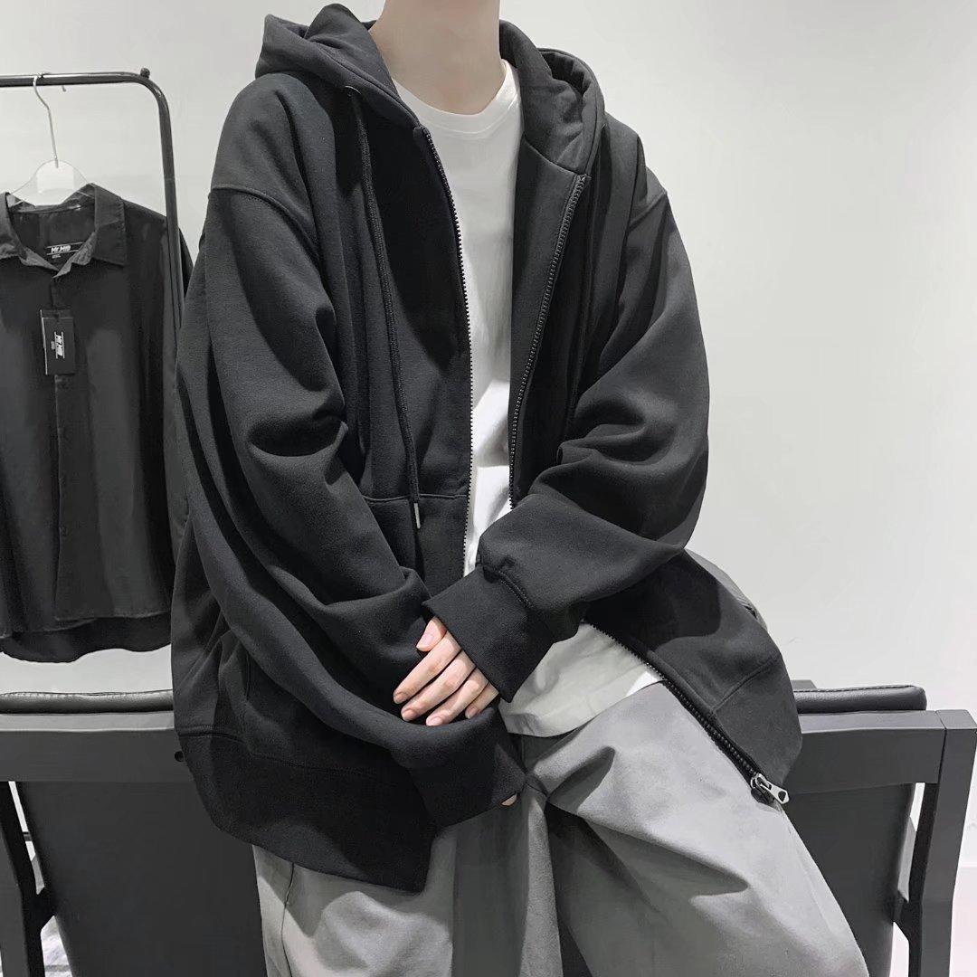 喜维顿春秋季开衫拉链卫衣男纯色连帽卫衣外套青年休闲百搭连帽薄款上衣 【黑色】开衫卫衣外套(加绒) 5XL (建议170-190斤)
