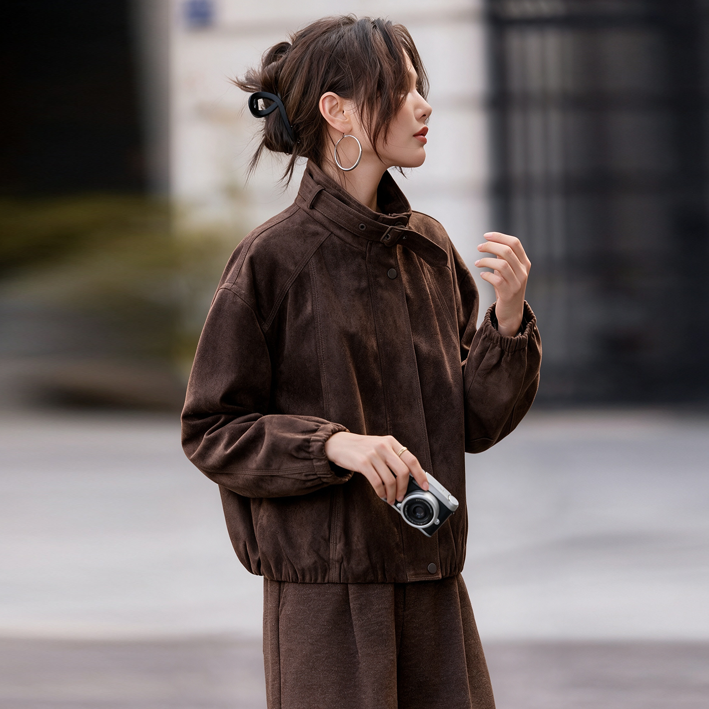 复古麂皮绒外套女2026春秋季韩版宽松拉链短款百搭休闲女夹克外套 咖啡色 M