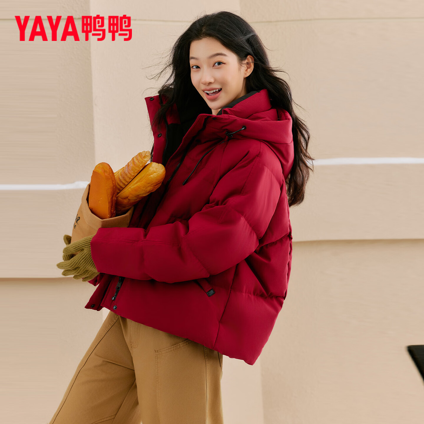 鸭鸭轻量面包羽绒服女短款2026冬季新款时尚休闲连帽防寒保暖外套ZX 红色 S (155) (80-100斤)