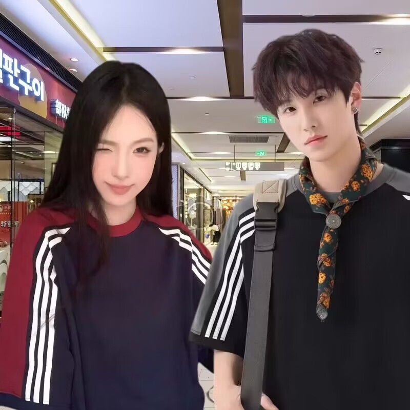 新款美式纯棉三条杠短袖男女款休闲运动宽松T恤百搭青年学生潮 白灰色 L 建议体重110~130斤