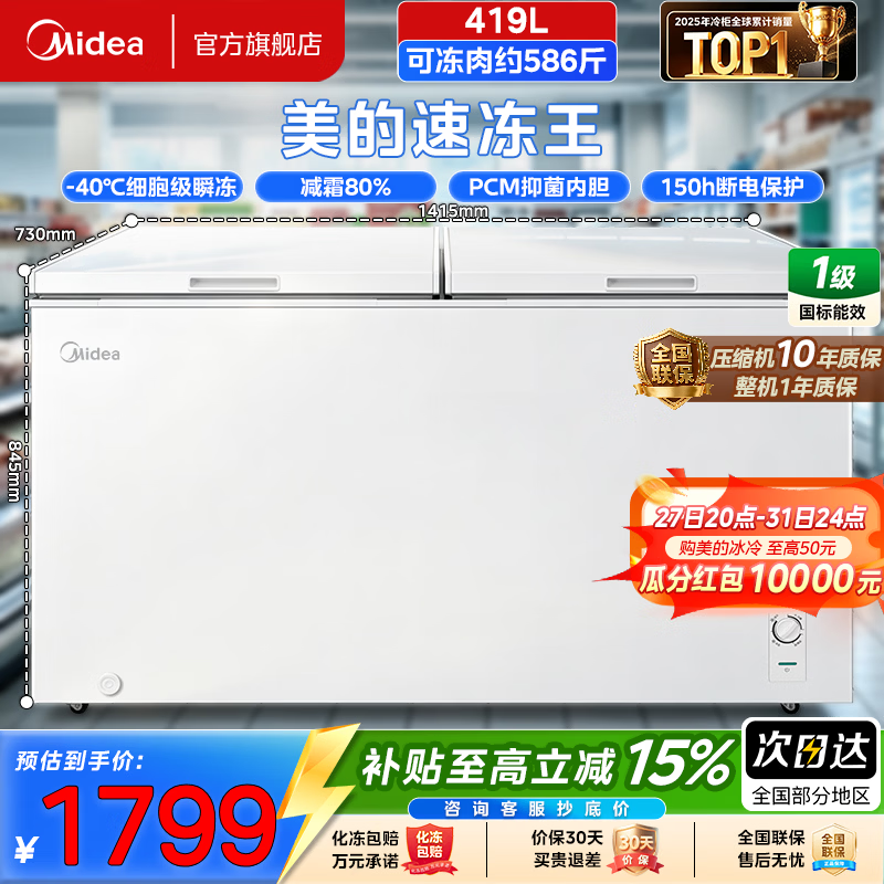 美的（Midea）速冻王大容量家用大冷冻力冷藏冷冻两用单温冷柜电子控温一级能效卧式冰箱 BD/BC-419DKM极地白