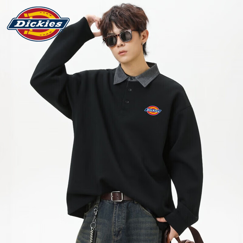 Dickies假两件翻领长袖POLO衫卫衣男士2026秋季新款休闲宽松上慵懒风服装 曜石黑 【官方正品】 常规 3XL 【建议170-190斤】