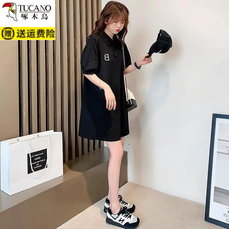 啄木鸟(TUCANO)红色连衣裙女夏泡泡袖Polo领休闲直筒裙小个子大码微胖运动T恤裙 9-红色 XL 建议120-140斤