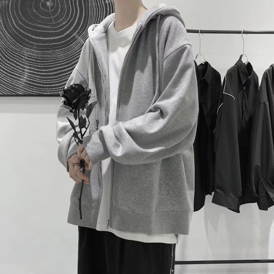 喜维顿春秋季开衫拉链卫衣男纯色连帽卫衣外套青年休闲百搭连帽薄款上衣 【黑色】开衫卫衣外套(加绒) 5XL (建议170-190斤)