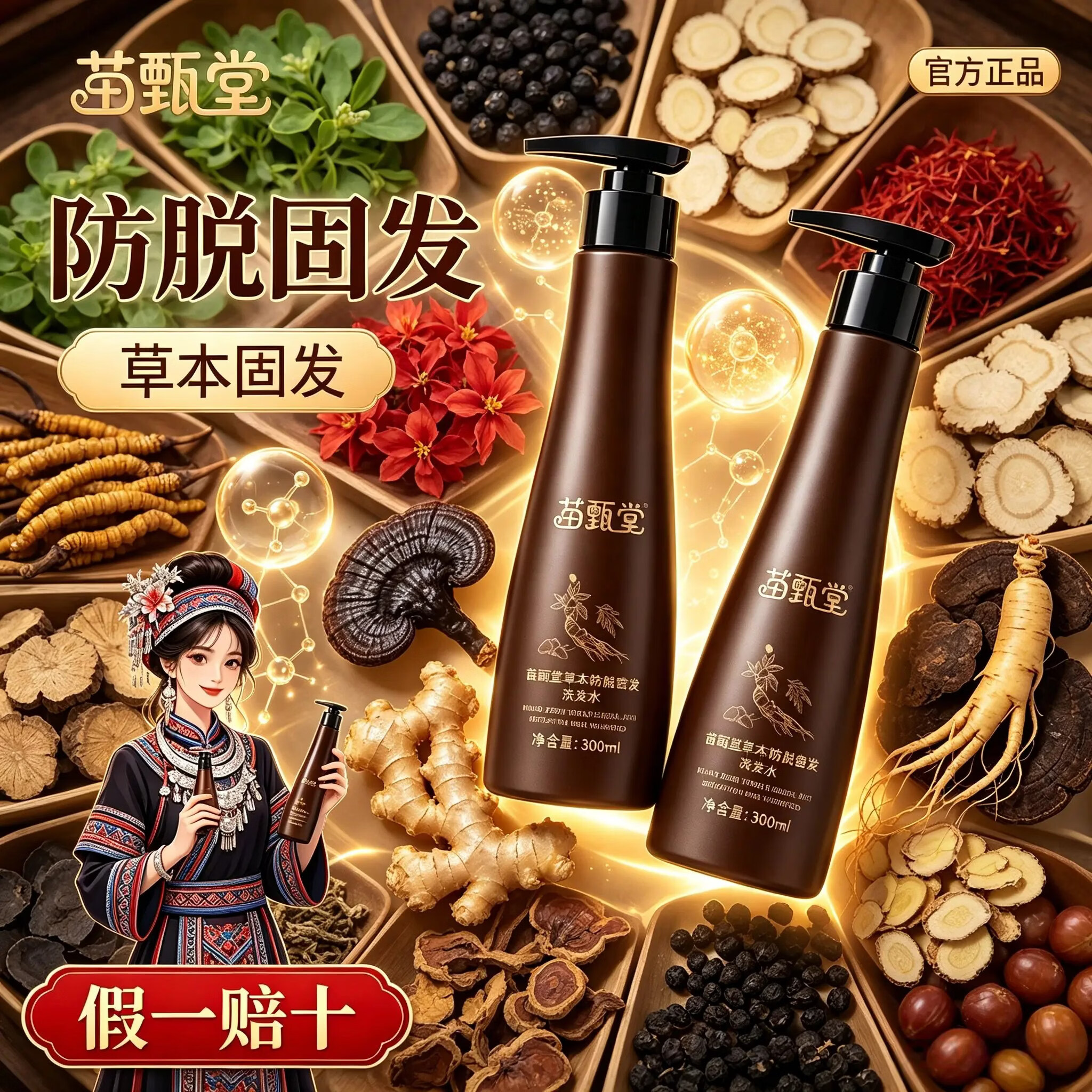 苗甄堂官方正品 【苗甄堂】 防脱草本洗发水 两瓶装300ml 某音爆款 苗甄堂/防脱洗发水/300ml*2瓶