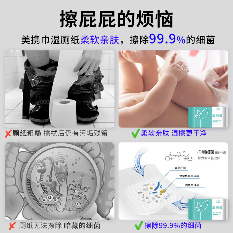 美携巾湿厕纸厕所湿厕巾擦除99.99%细菌100抽*5包擦屁屁股 可冲散无纺布湿厕纸 100片*5包