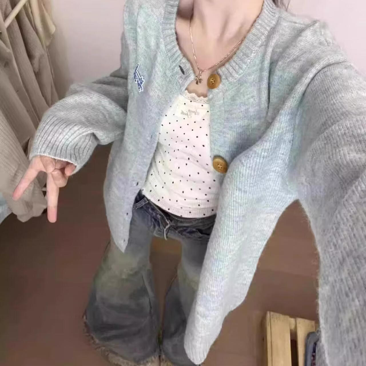 浪莎日系甜美毛衣开衫外套女春季2026新款超好看宽松慵懒风针织衫上衣 浅蓝色 均码 【推荐80-140斤】