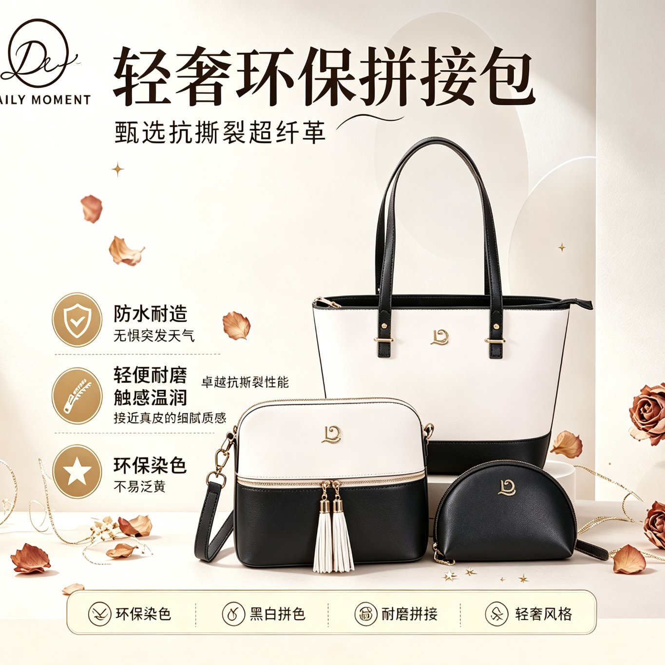 地迥品牌正品新款女包包套装大容量托特包高级感通勤单肩斜挎包 米白+暗夜黑