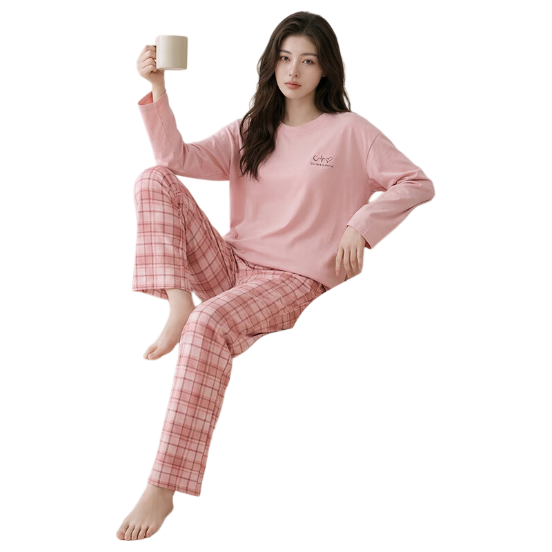芬腾睡衣女【100%纯棉】秋冬新款格纹可外穿长袖家居服套装女睡衣 粉色 L