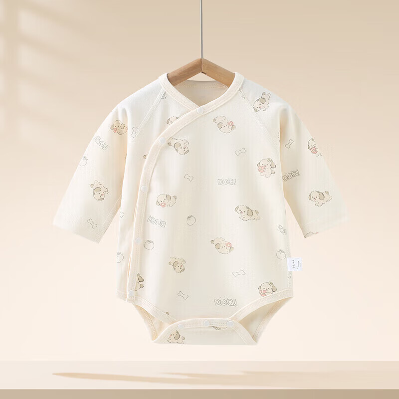 婧麒（JOYNCLEON）婴儿连体衣早秋纯棉新生儿衣服宝宝包屁衣长袖蝴蝶衣三角爬服 巧克力色-嗨皮狗 59cm