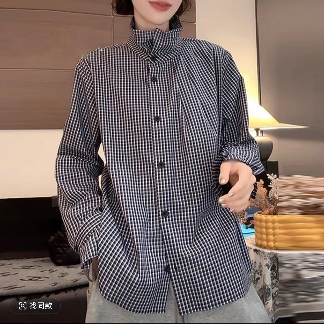【商场爆款】欧货时尚气质花苞衬衣中长款宽松薄款白色百搭长袖 格子 XL 115-130斤