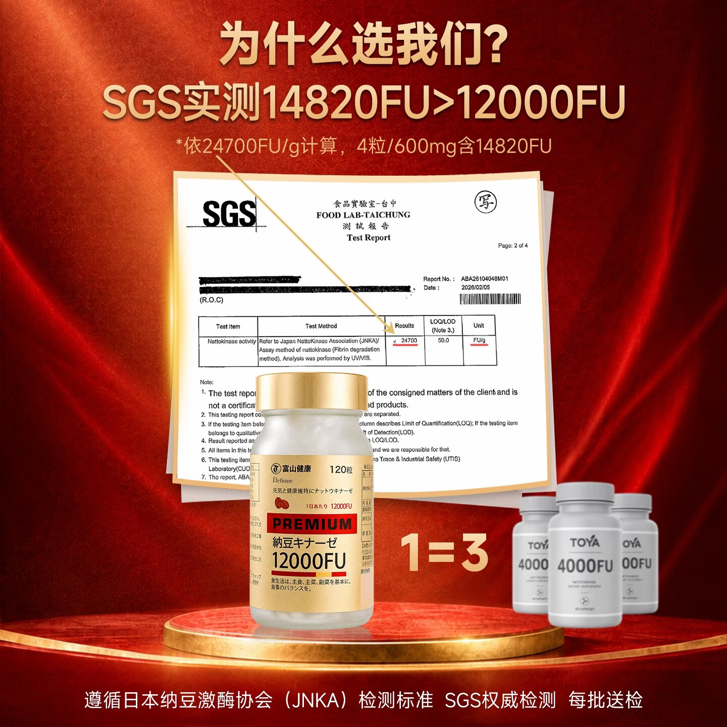 富山健康日本纳豆激酶12000FU/降血脂降血压疏通血管原装进口保健品120粒 6瓶装/ 120粒*6瓶