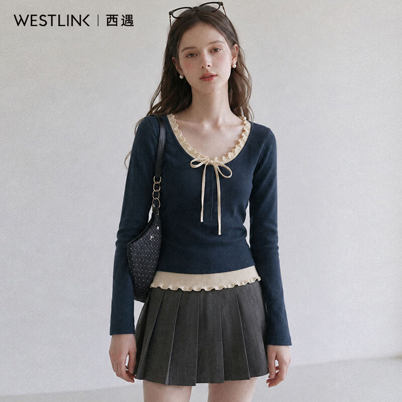 西遇（Westlink）撞色花边针织衫女2026秋季新款蝴蝶结系带修身短款长袖上衣 藏蓝色 付款15天 S (155)