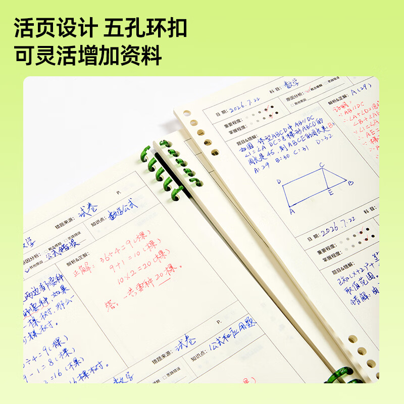 猫太子B5活页错题本可拆卸软线圈不硌手小学生专用加厚道林护眼纸初高中生笔记实用型作业改错纠错登记整 B5活页错题本-2本【薄荷绿+冰川蓝】