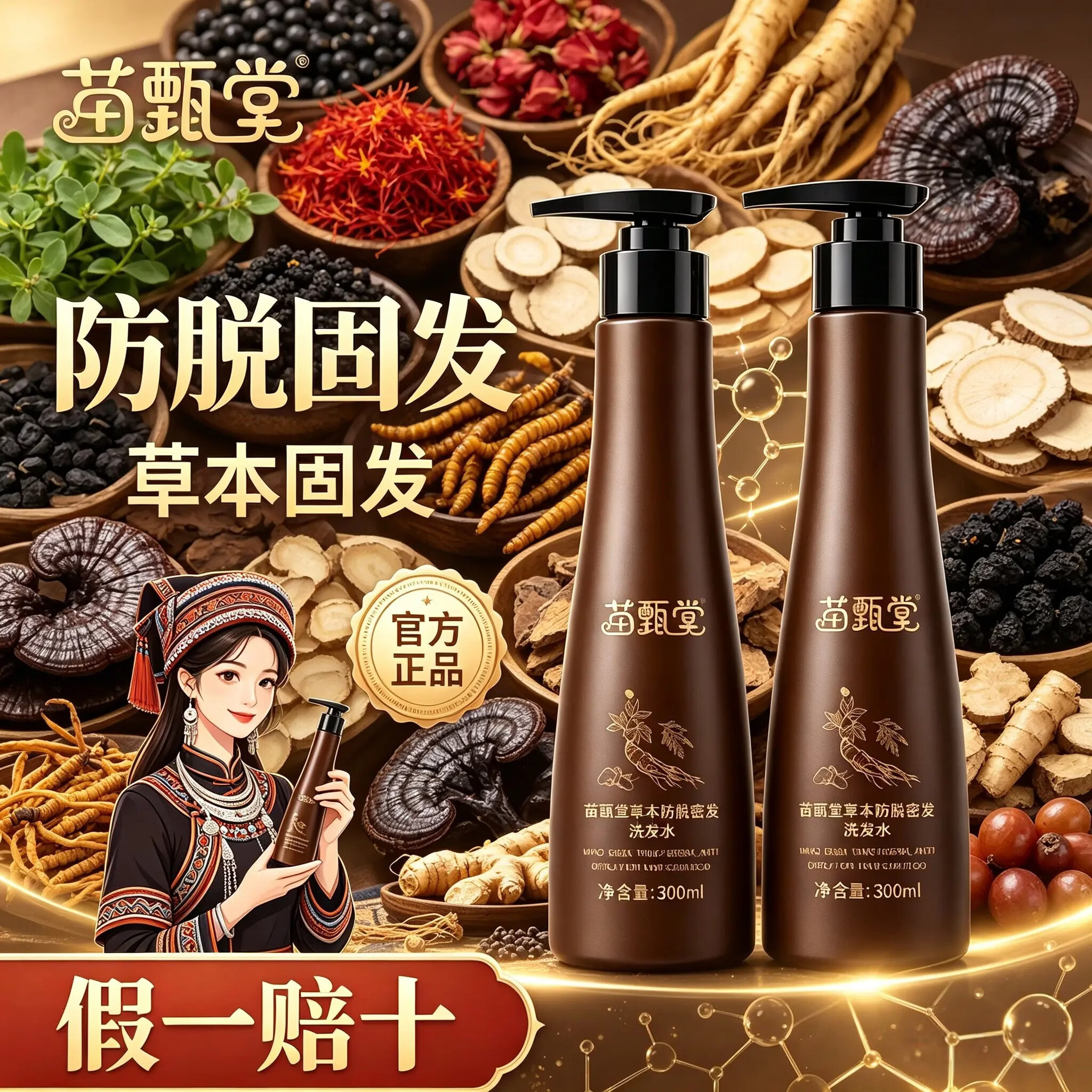苗甄堂官方正品 【苗甄堂】 防脱草本洗发水 两瓶装300ml 某音爆款 苗甄堂/防脱洗发水/300ml*2瓶