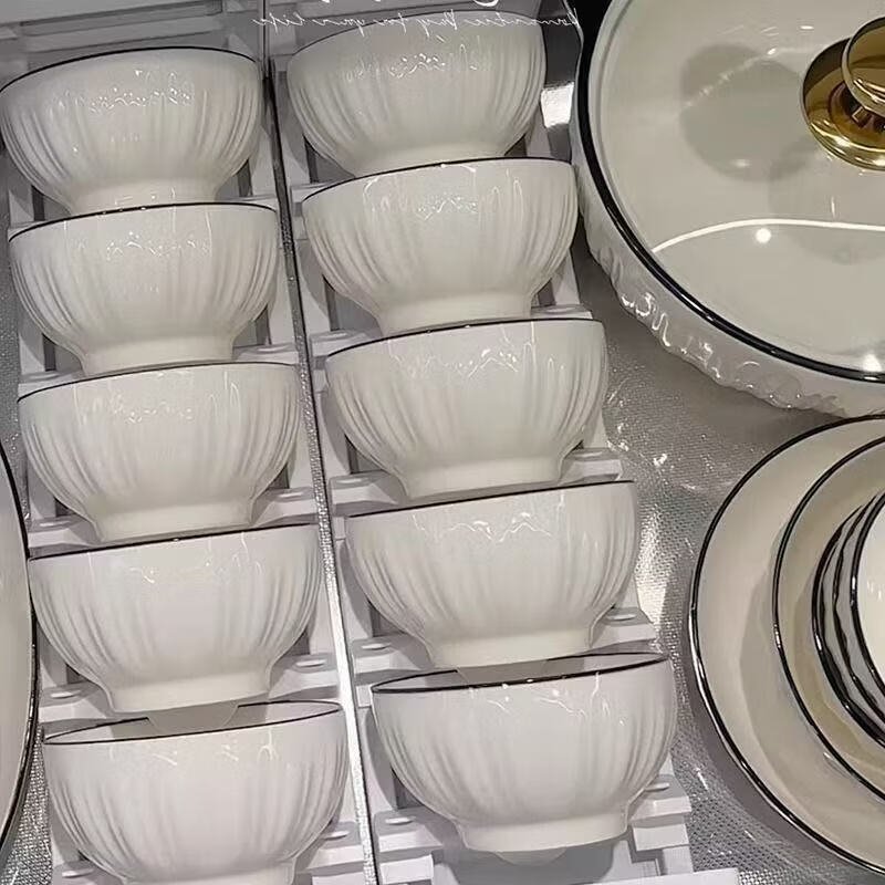 匠花语北欧风陶瓷釉下彩碗盘餐具家用简约碗碟套装乔迁结婚新居送礼餐具 纯白竖纹4人食20件套配汤碗【礼盒装】