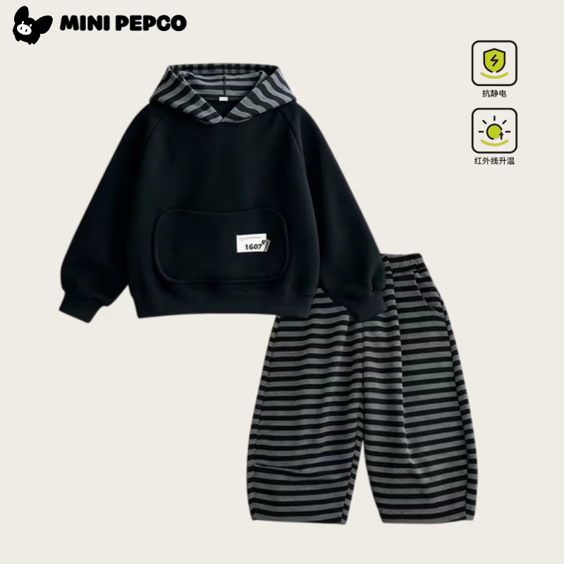 小猪班纳(PEPCO)儿童潮流卡通印花卫衣套装 黑色条纹卫衣套装 【男女同款】 140 【建议身高120-130cm】