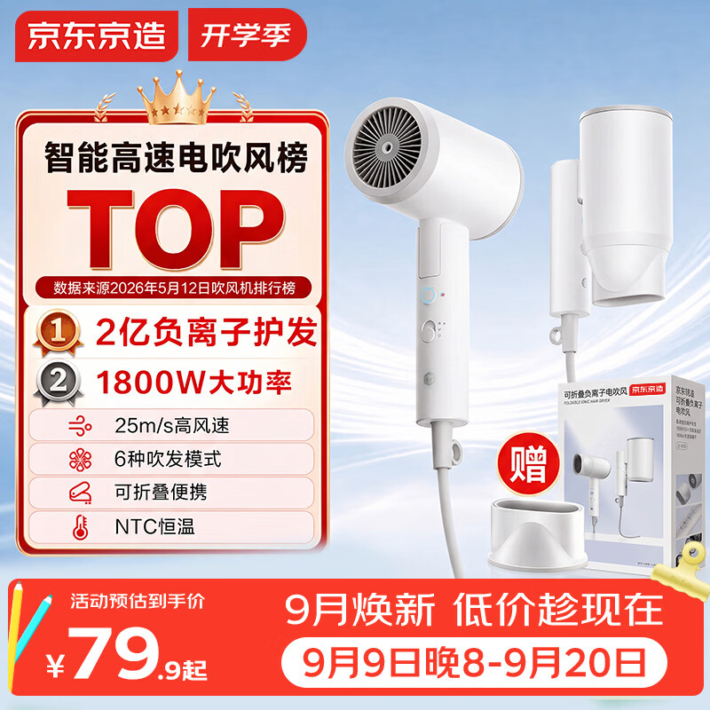 京东京造电吹风机负离子便携可折叠 1800W大功率吹风机家用电吹风筒大风力速干护发 生日礼物送男女朋友