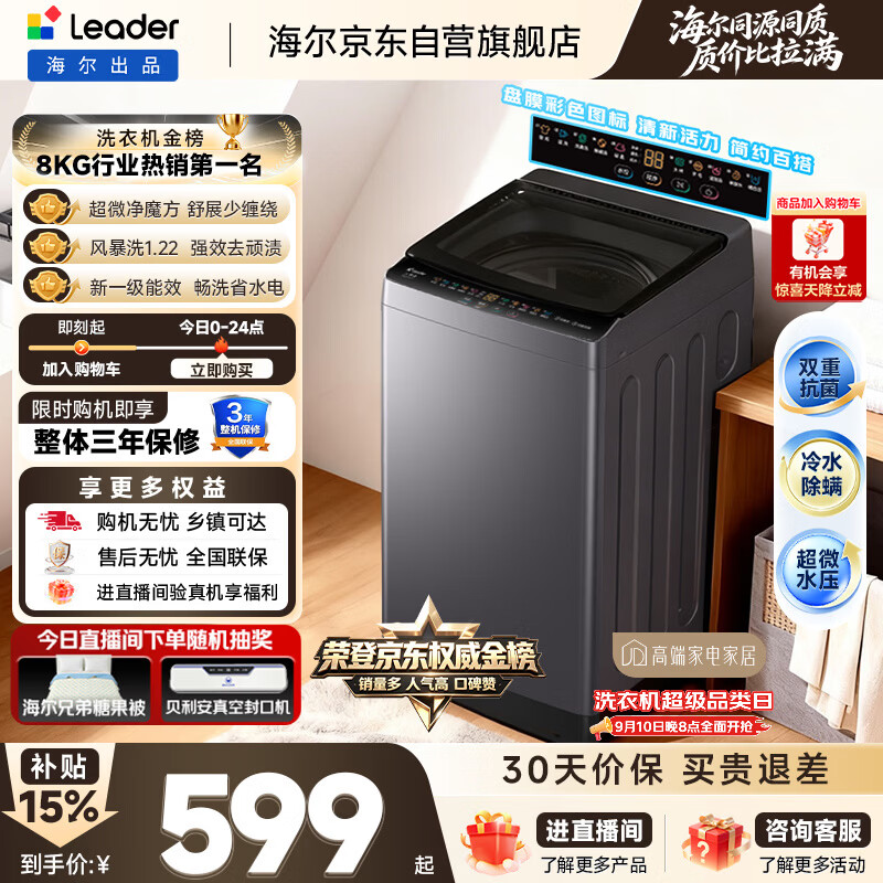 海尔（Haier）出品统帅全自动波轮洗衣机 出租房8.2公斤一级能效家用 京东自营以旧换新国家补贴XQBL82-M20D1