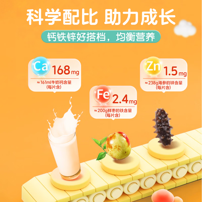仁和儿童钙片4-17岁钙铁锌补维生素D增强免疫力长个子助长高骨骼发育 【90%选择】 60片*3瓶