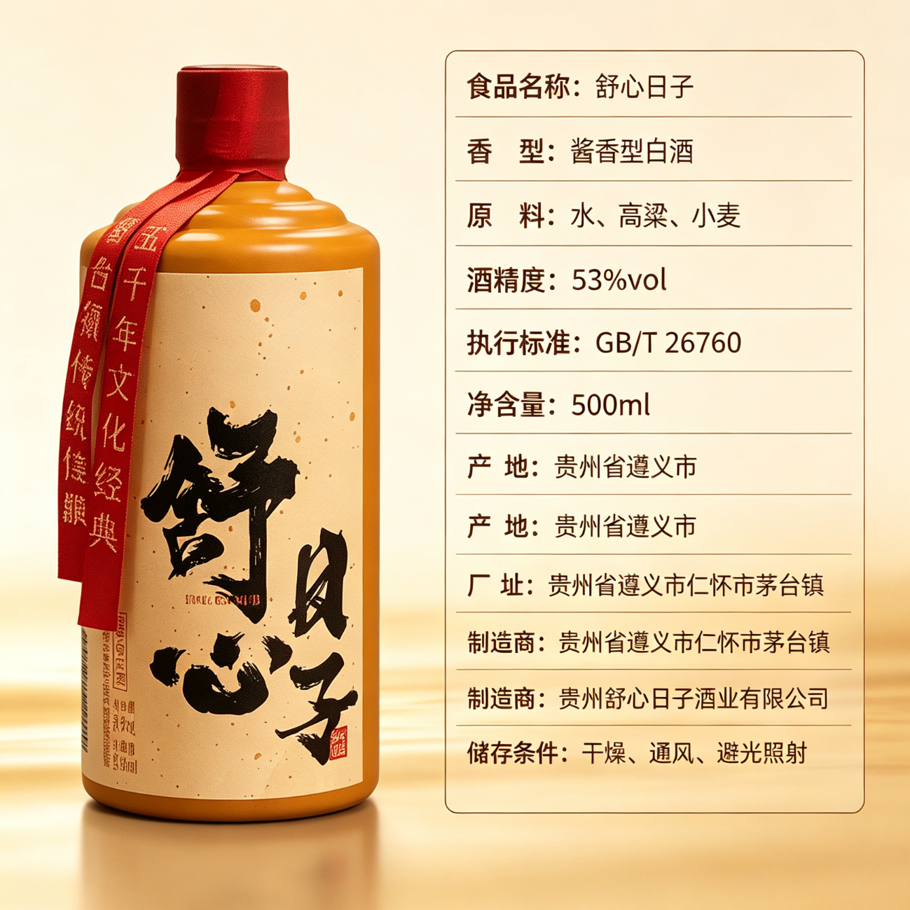 舒心 贵州茅台镇白酒 53度酱香型白酒 舒心日子 大曲坤沙纯口粮食酿造 53度 500mL 1瓶 单瓶装