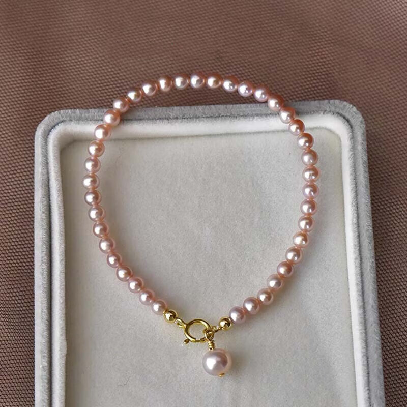 vzvp粉紫色正圆极强光淡水珍珠手链女手串珠手饰时尚新款珠宝首饰