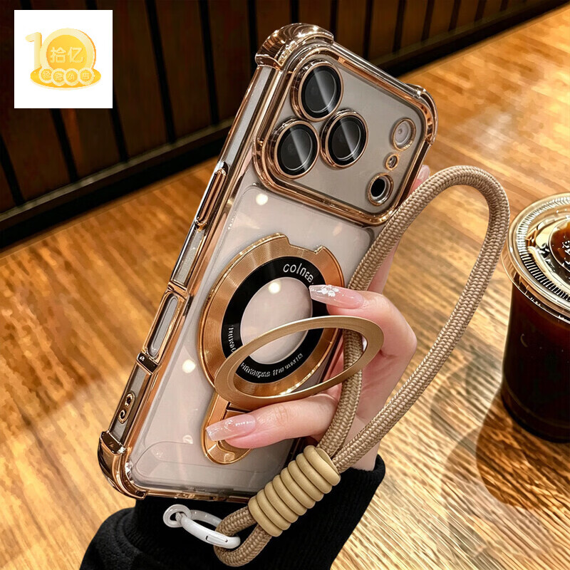 适用苹果18promax手机壳磁吸支架iphone17四角透明气囊高级带手腕挂绳轻薄硅胶镜头全包防摔保护套 【沙漠金+挂绳】金属支架 iPhone 13