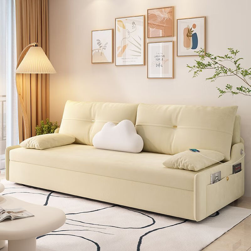 金木槿沙发奶油风沙发床两用一体抽拉式简易折叠床小户型可以多功能沙发 0618-02 奶黄色 外径1.66米海绵款【带储物】
