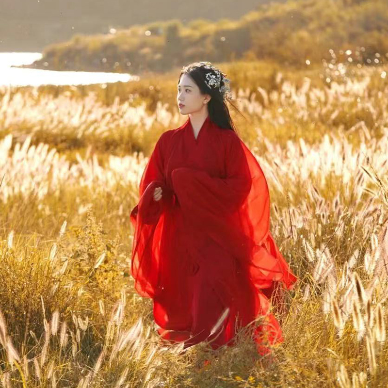 原创汉服女春红色武侠魏晋古装中国风仙气飘逸古风舞蹈演出服套装