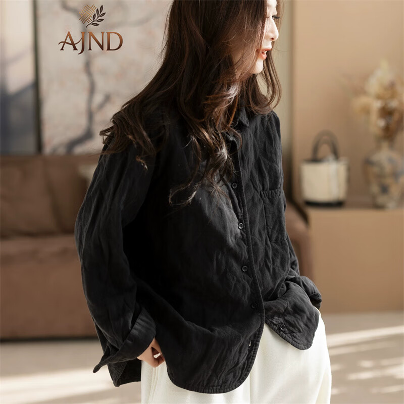 AJND高端亚麻衬衫女秋冬款文艺绗线夹薄棉衬衣女保暖宽松加厚开衫外套 黑色 XL 建议130-150斤