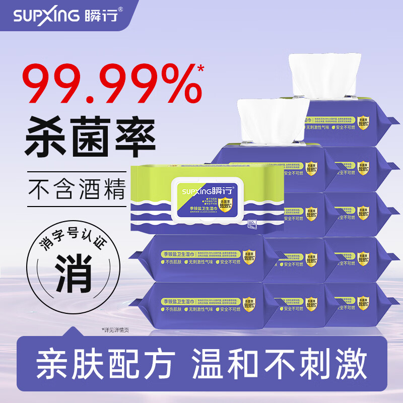瞬行季铵盐杀菌卫生湿巾无酒精家庭实惠装大包湿手纸卫生家用湿纸巾 【囤货装】80抽*12包