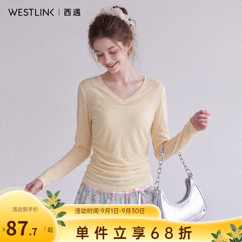 西遇（Westlink）黄色V领防晒长袖T恤女2026秋季新款微透收腰百搭打底罩衫上衣 黄色 付款15天 S (155)