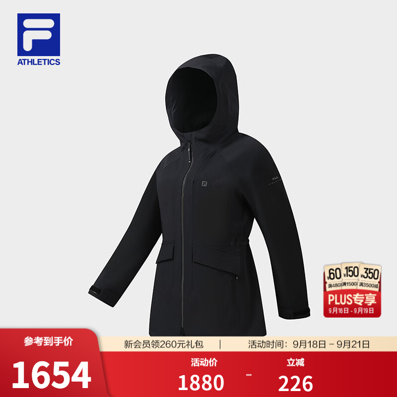 FILA 斐乐官方女士梭织外套2026冬新款健身运动舒适加绒连帽上衣 深黑-BK M 165/84A/M