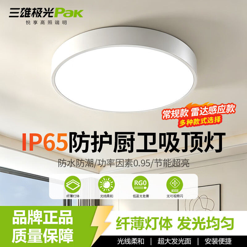 三雄极光led三防灯高光效节能灯ip65防水室外吸顶灯阳台灯厨卫防潮灯 亮皓系列 白色吸顶灯20W暖白4000K/PAK417387