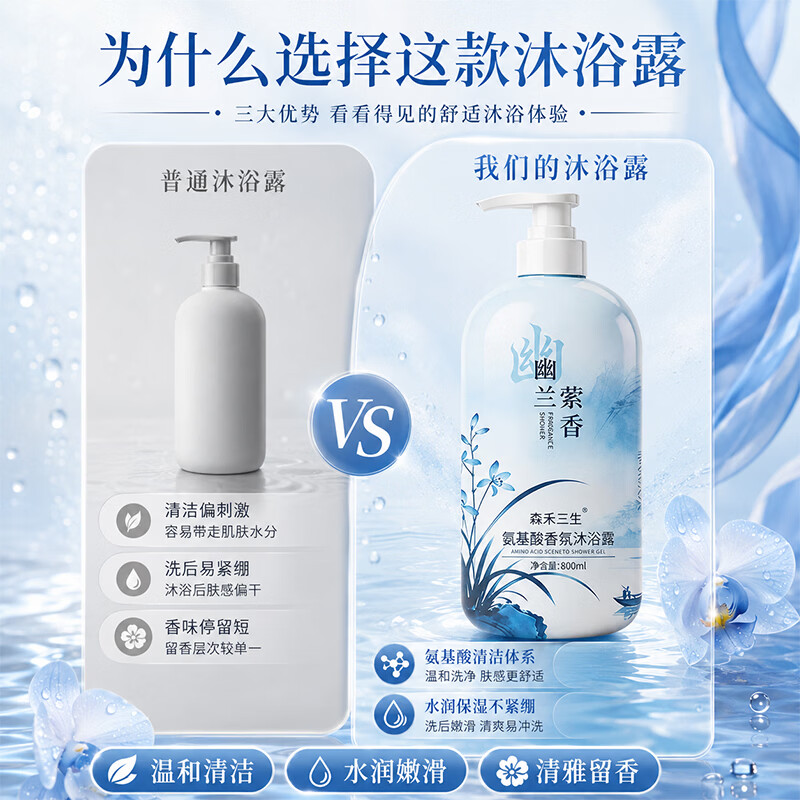 森禾三生氨基酸幽兰萦香沐浴露持久留香沐浴乳清爽保湿男女士大容量家庭版 香氛氨基酸沐浴露800ml×1瓶