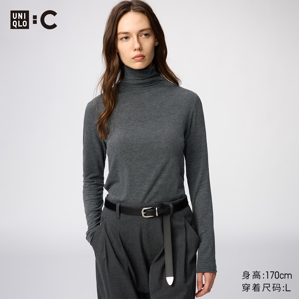 优衣库HEATTECH混纺高领T恤/长袖女装合作款保暖内衣9%羊绒485824 07 青灰色 M