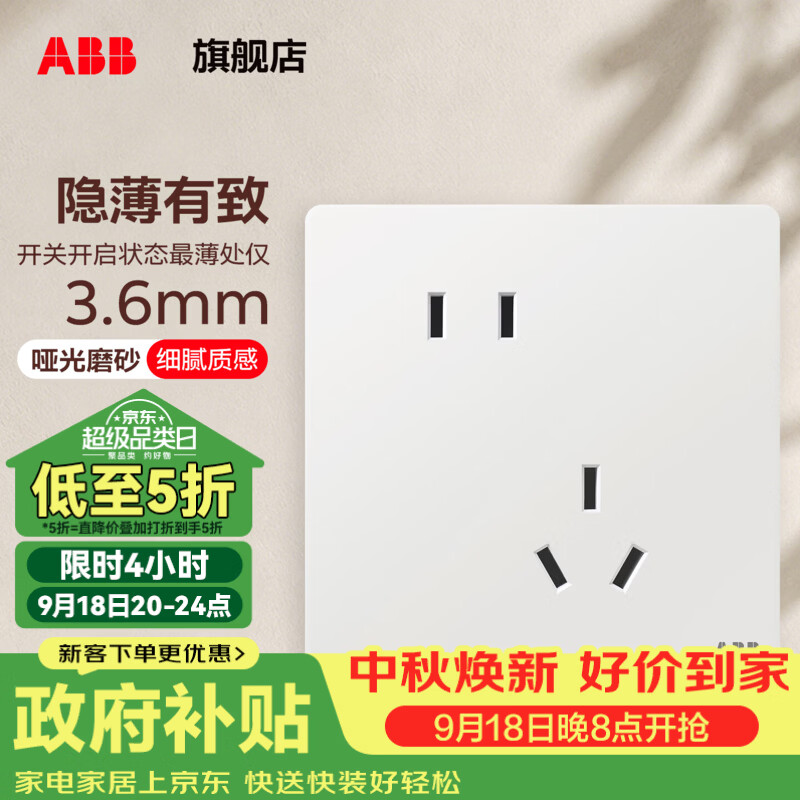 ABB 开关插座面板 睿韵系列雾沙白 10A错位斜五孔USB充电 电源插座 斜五孔插座
