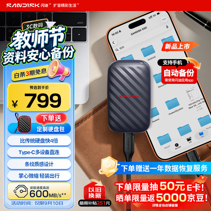 Sandisk闪迪精灵1TB 移动硬盘   读速600MB/s  Type-C USB3.2手机直连笔记本电脑 外接存储  固态硬盘