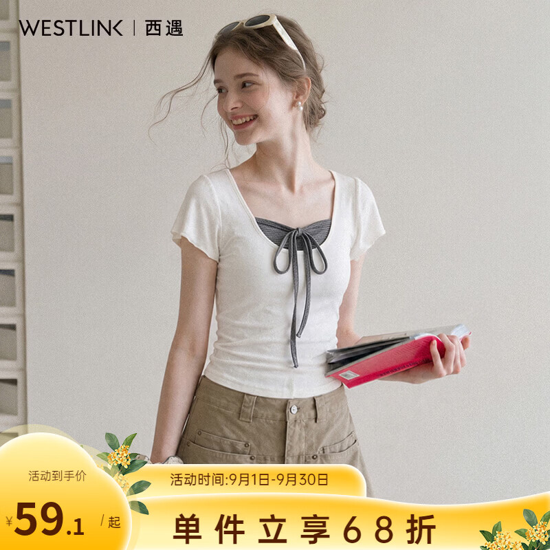 西遇（Westlink）假两件系带U领短袖T恤女2026夏季新款木耳边修身显瘦短款上衣 米白色 M (160)