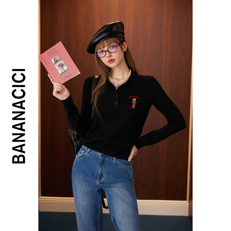 banana cici2024年秋季新款原创BC艺术家卡通刺绣POLO长袖针织衫C243MY094 黑色 L
