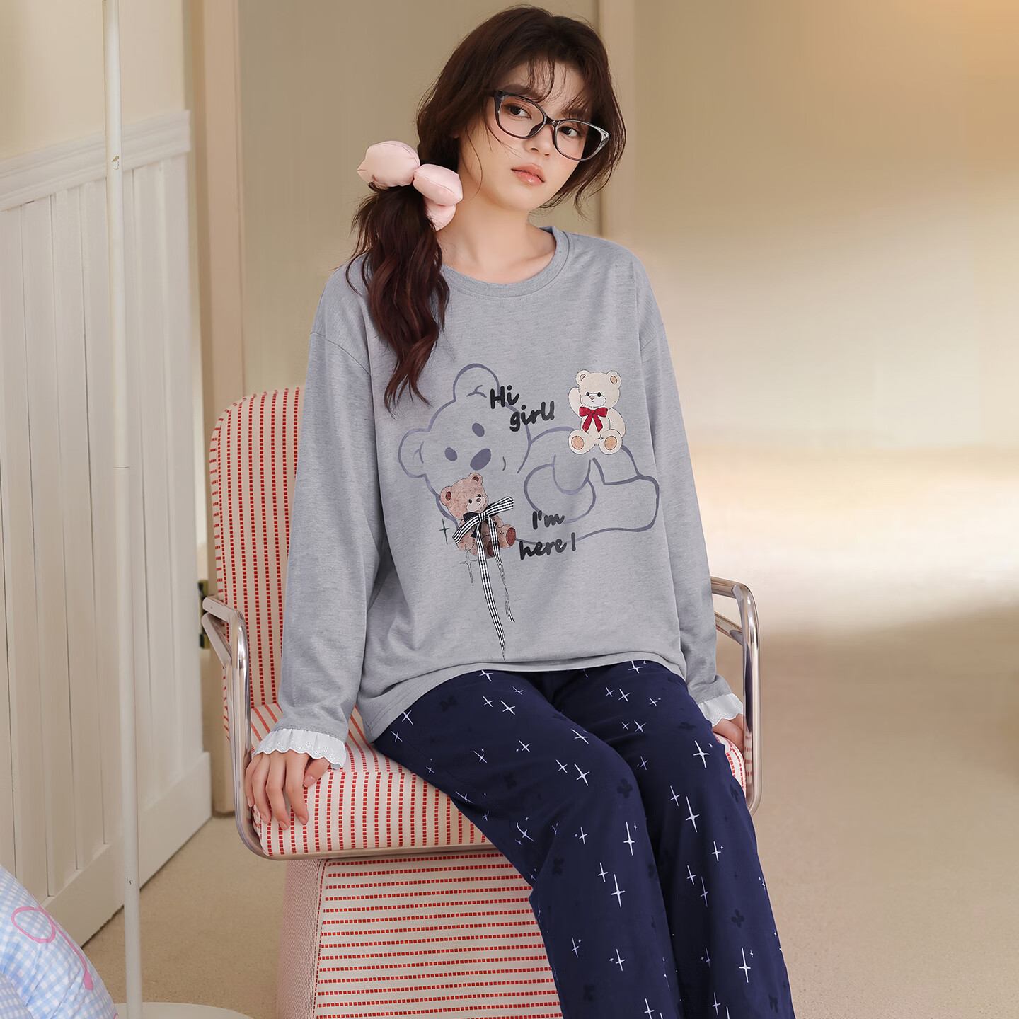带胸垫纯棉女士睡衣春秋季长袖卡通甜美全棉家居服可外穿 67726 2XL