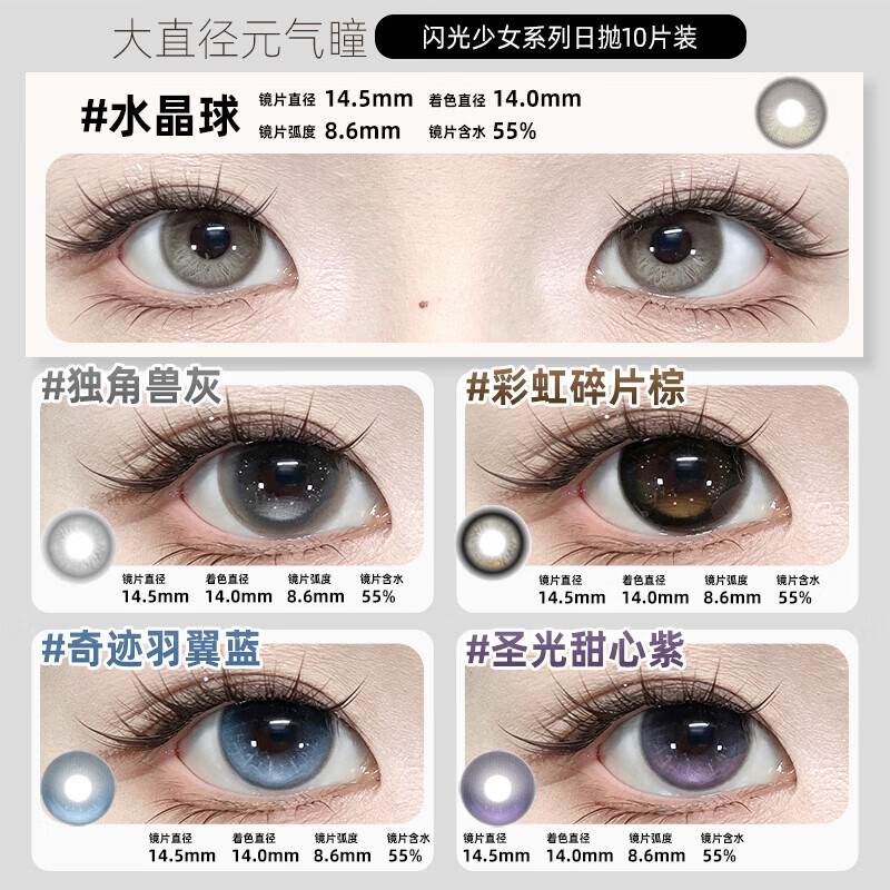 Merry dolly玛丽朵丽26年新款美瞳日抛10片定轴高光独角兽彩色近视隐形眼镜 水晶球灰14.5【55%含水 定轴款】 10片*1盒 750度