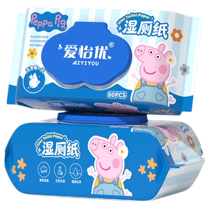 爱怡优×小猪佩奇联名 湿厕纸 湿厕卫生纸可冲散 洁厕湿纸巾易分解 小猪佩奇 80抽*1包  75gsm