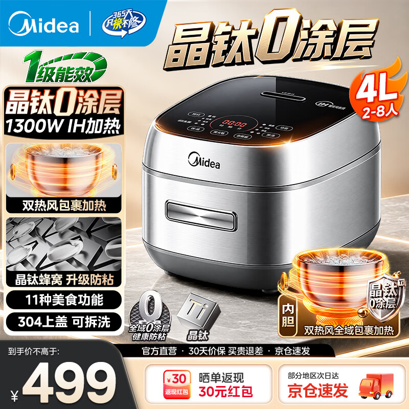 【9折】美的（Midea）晶钛0涂层蜂窝防粘锅316L不锈钢电饭煲柴火饭IH加热4L家用智能多功能电饭锅3-4-5-6-8人一级能效 316L晶钛0涂层 4L 1300W 火旋风IH加热https://u.jd.com/FDIUriX----普遍有货 | 下1件最优到手单价：458.9 -> 【458.89】