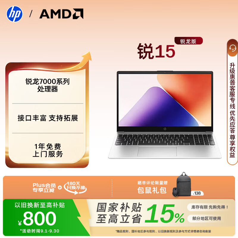 惠普（HP）锐15 AMD锐龙 15.6英寸轻薄笔记本电脑 R5-7535U 8G 512G 指纹 高清屏