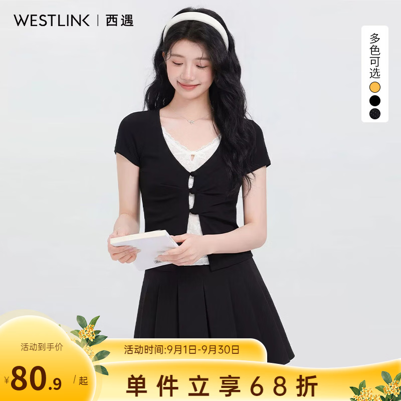西遇（Westlink）假两件蕾丝拼接短袖T恤女2026年夏季新款波点扭结正肩上衣 黑色 XL (170)
