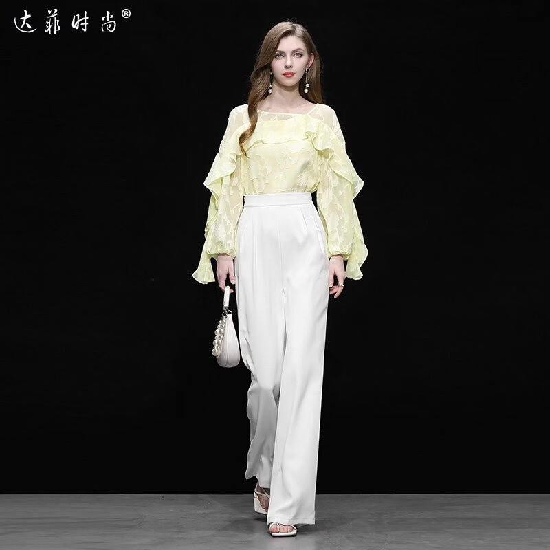 达菲时尚2026秋季新款百搭一字肩荷叶边长袖宽松上衣+高腰长款阔腿裤套装 浅黄+米白 XL