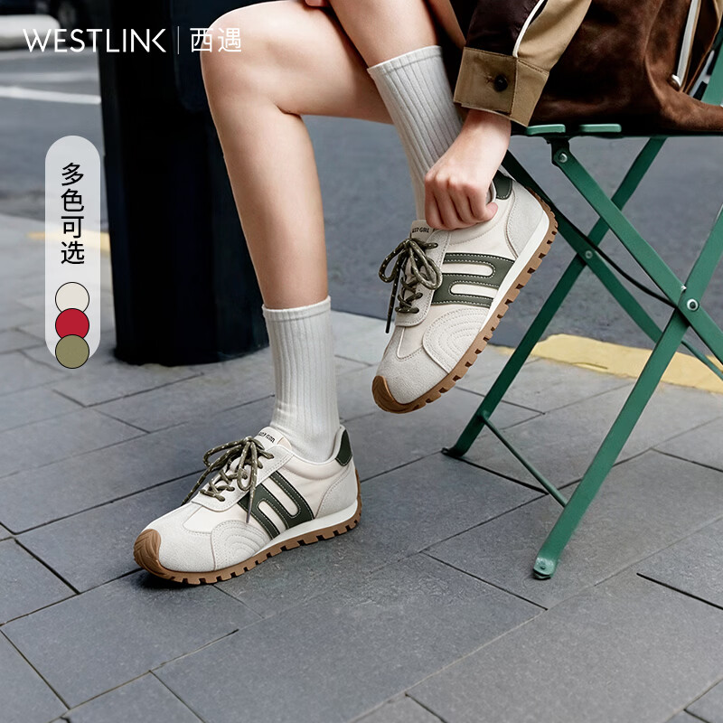 西遇（Westlink）复古德训鞋女2026新款秋季圆头拼色软底百搭不累脚阿甘运动鞋 米色 付款20天 36 (230)