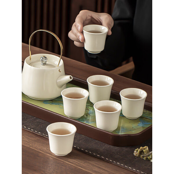 提梁壶茶具整套功夫套装家用陶瓷茶壶茶杯轻奢高档泡茶器玻璃托盘 HB墨绿色提梁壶+2杯+长方千里江山玻璃托盘 1件